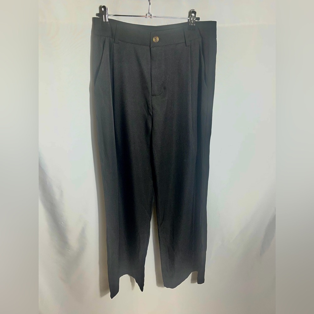 Micas Black Wide Leg Trousers Women Medium High Waist Pleated Dress Pants
